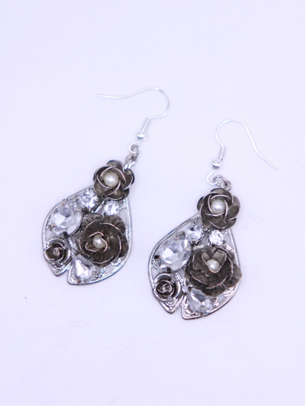 Handmade New Hypoallergenic Silver tone Floral Faux Pearl & Rhinestone Earrings